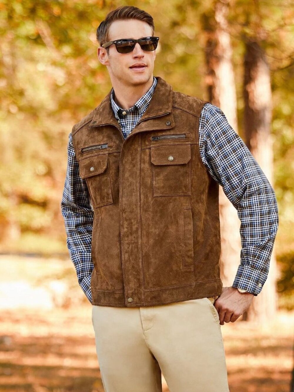 ROUNDTREE & YORKE Men’s Suede Leather Stand Collar VEST Size 2XT Brown NEW $350